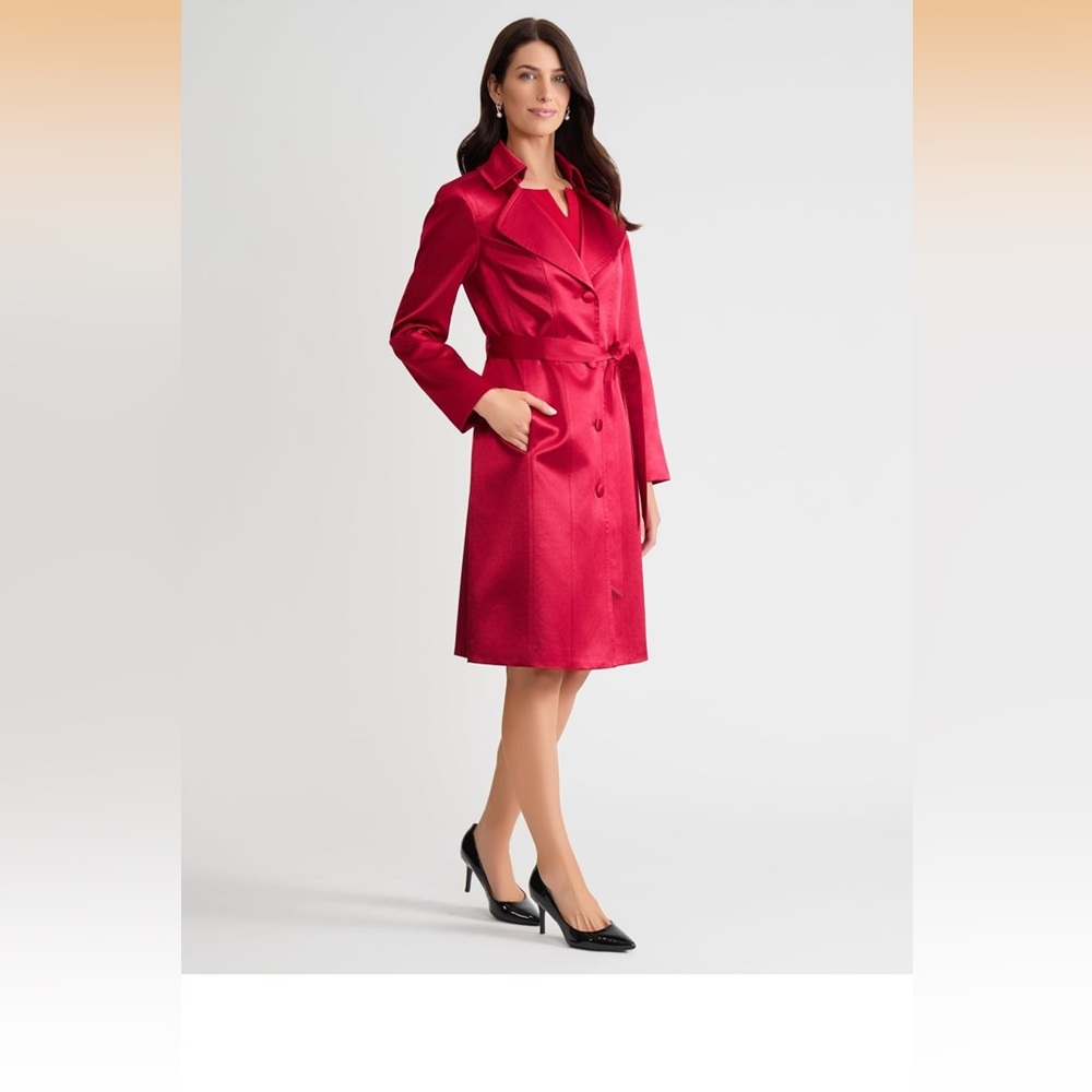 Kasper womens Belted Satin Long 
 Red Trench Coat